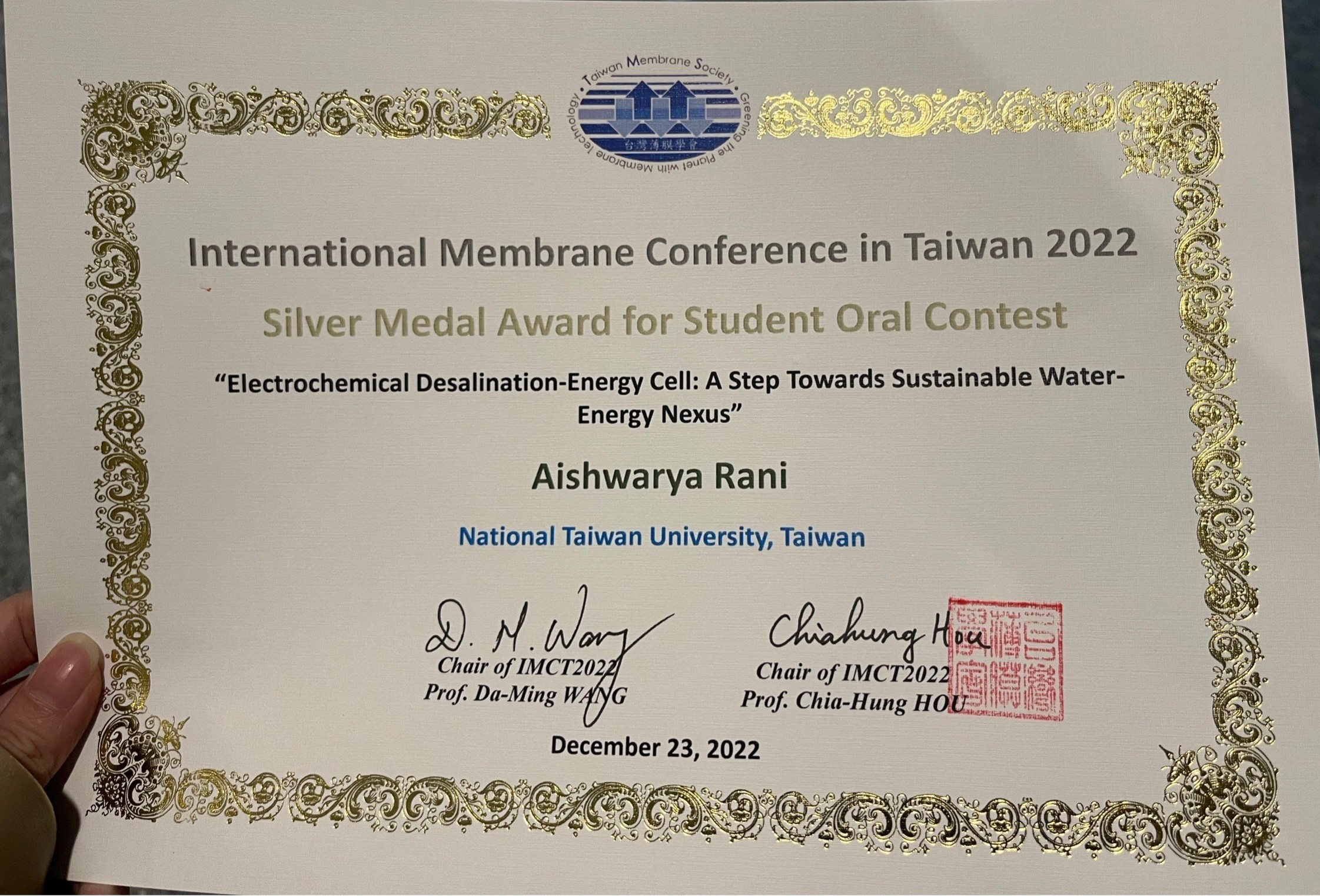 Congratulation to Rani for the Silver Medal Award for Student Oral Contest at 2022 IMCT